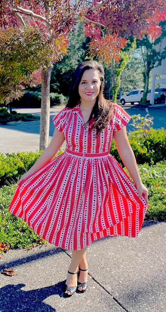 bernie dexter orange dress Retro Style Bernie Dexter Red Tammis Keefe Dog Print Fit and Flare Size Small Dress With Front Zip and Belt Loops