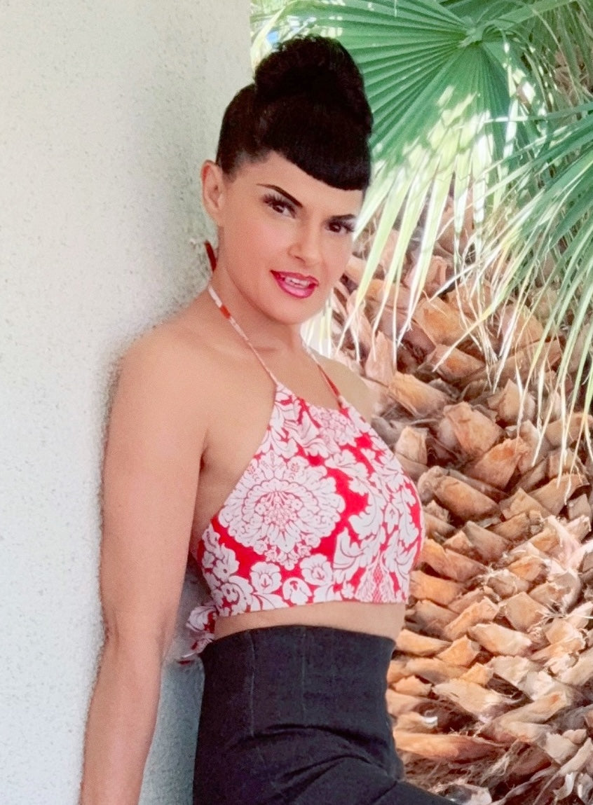 The VLV Halter Top in Red Damask
