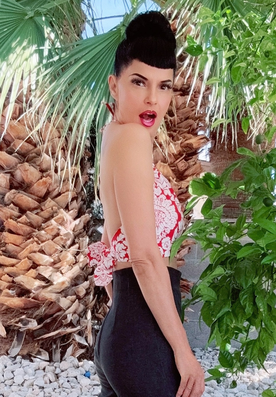 The VLV Halter Top in Red Damask